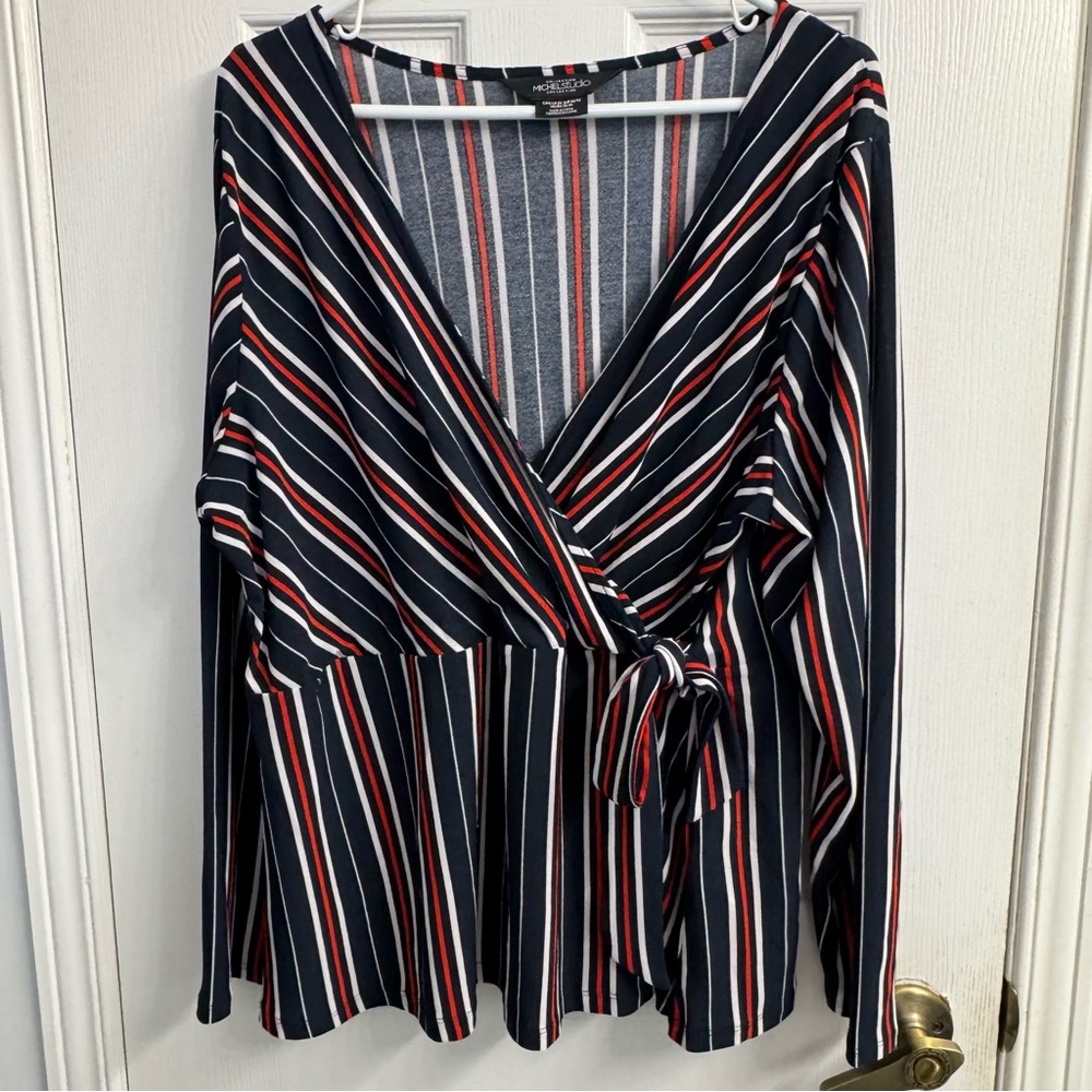 Michel Studio Navy Red White Striped Wrap Blouse Women's 2X NWOT Long Sleeve